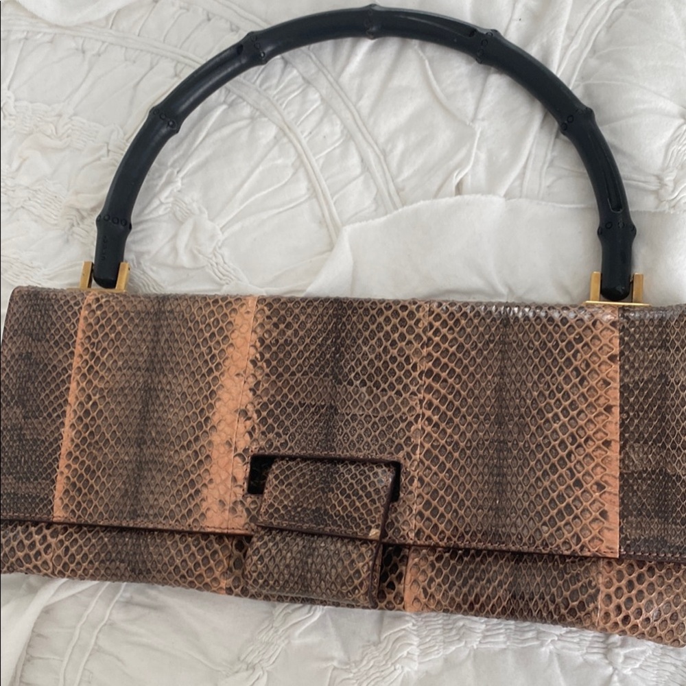 Chic Brown and Black, pink Gucci authentic Snakeskin Clutch with Braided Handle